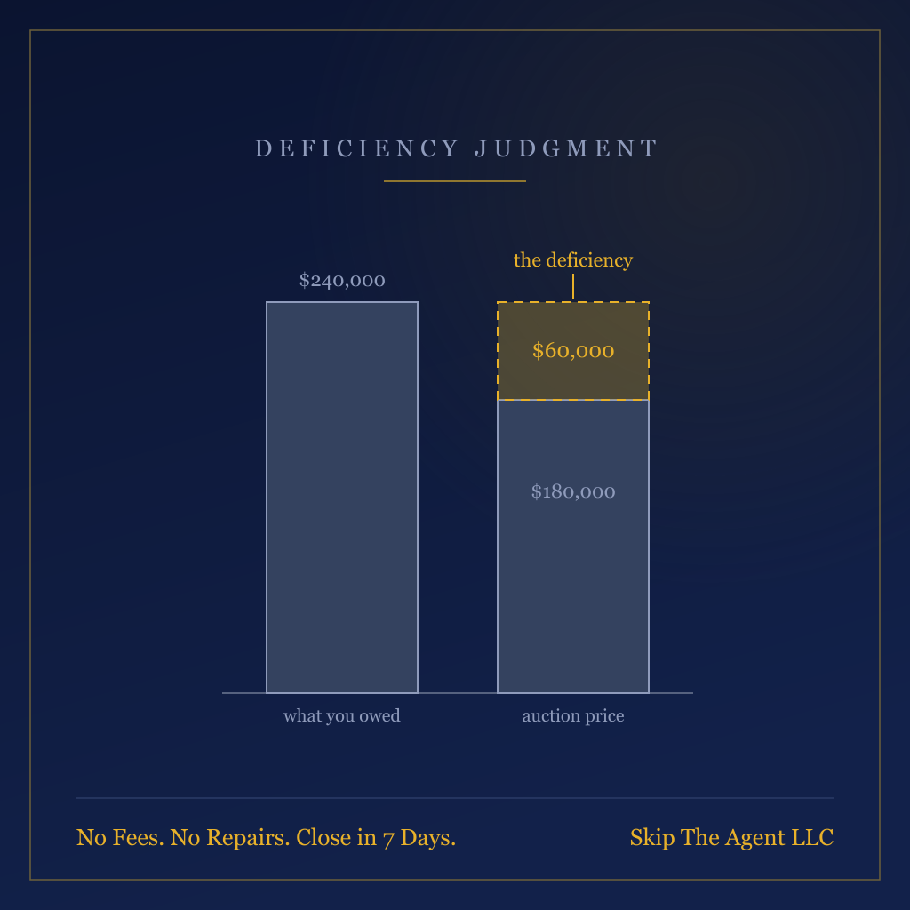 Navy schematic labelled Deficiency Judgment showing a tall debt bar beside a shorter sale price bar, with the gap between them marked in gold as the deficiency