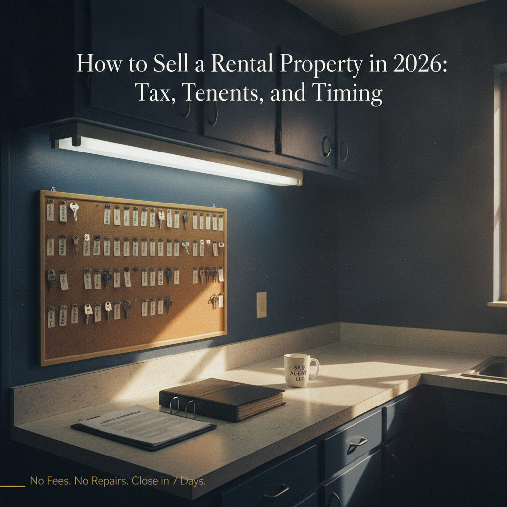 Landlord reviewing rental property documents and cash offer at a desk