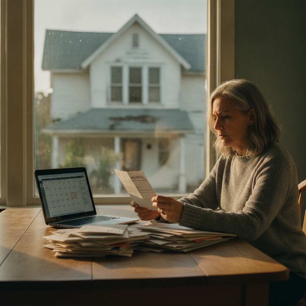 A homeowner at a kitchen table reading an insurance non-renewal notice beside a stack of unopened mail